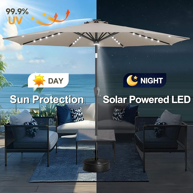 FLAME&SHADE 10 FT Solar Light Patio Umbrella, 40 LED Lights Outdoor Umbrella with Centre Surround Light, Table Market Umbrella for Deck, Pool, Porch, Backyard, Garden, UV Protection, Taupe