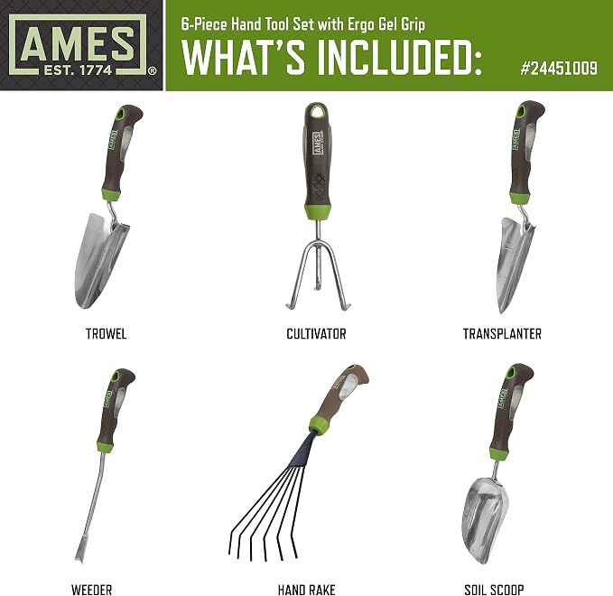 AMES 24451009 6-pc. Ergo Gel Grip Garden Tool Set with Hand Trowel, Weeder, Rake, Transplanter, Scoop & Cultivator