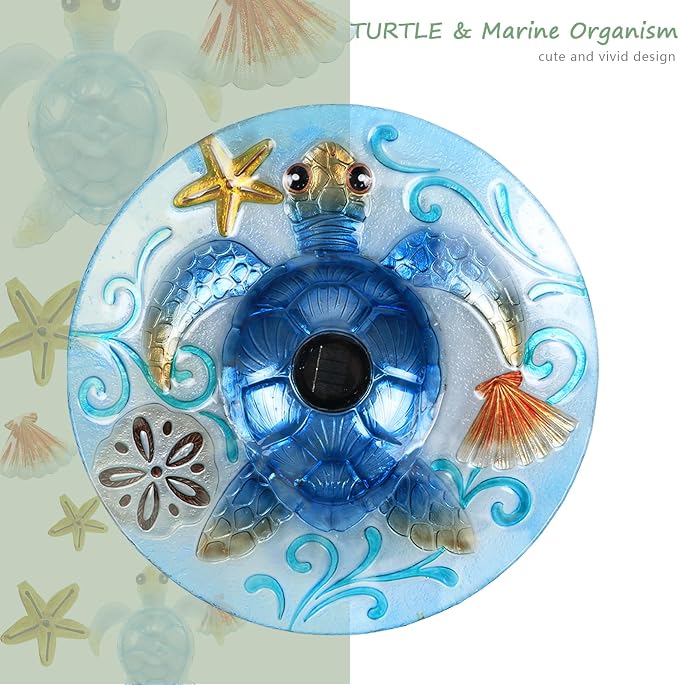MUMTOP Glass Bird Bath, Large Bird Baths for Outdoors, Solar Birdfeeder with Metal Stand for Garden, Yard, Lawn Decor sea Turtle Pattern(Blue, 21.5"X18")