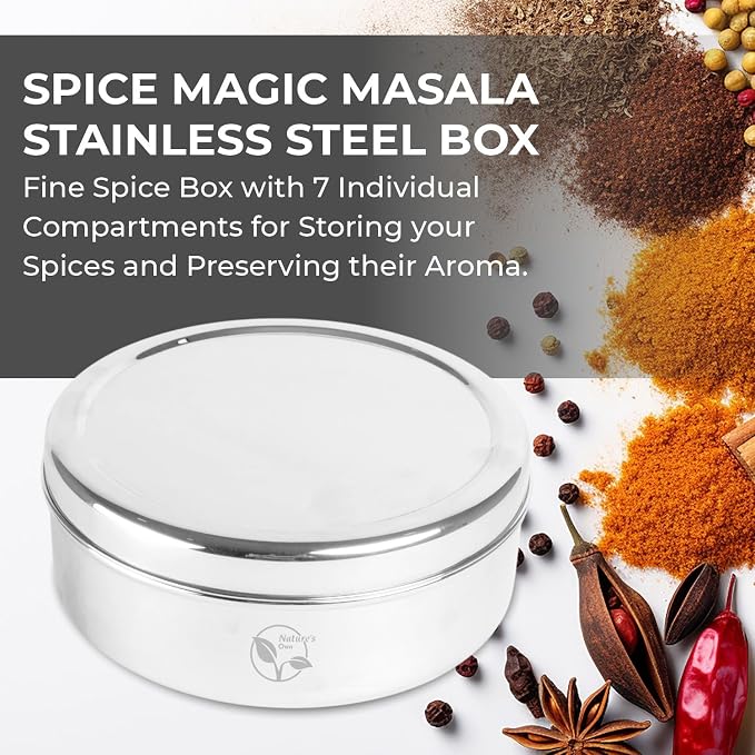 Nature's Own Stainless Steel Spice Box with 7 Compartments, 2 Lids, and Silver Mirror Polish | Masala Dabba with Individual Containers for Authentic Spices Durable and Stylish 16CM Masala Organizer