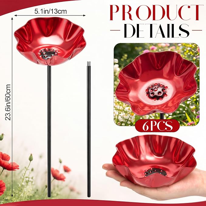 LemonRoad 6 Pcs Metal Bird Baths for Outdoors Flower Pattern Bird Bath Feeders with Metal Stake for Garden Yard Lawn Outdoor Decor (Red)