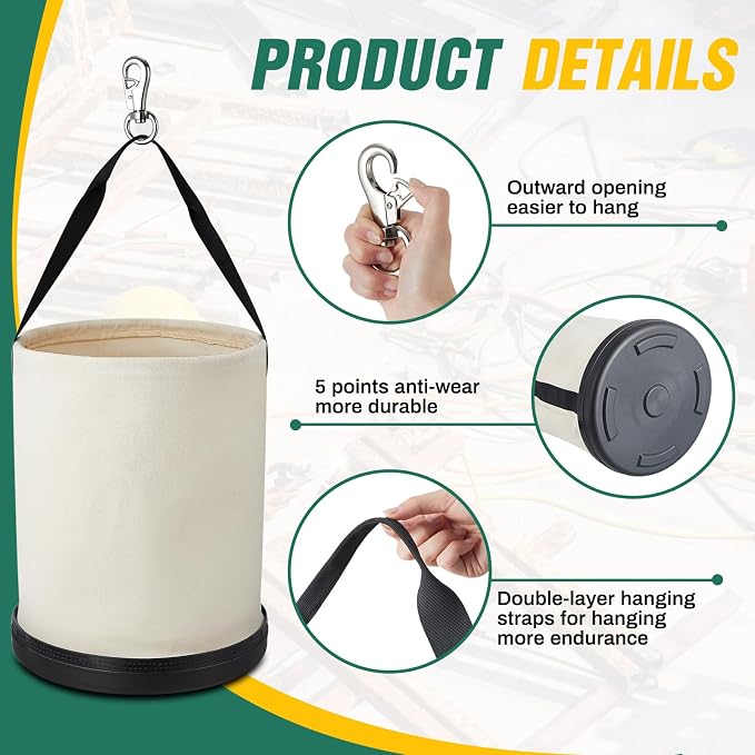 1 Pack Canvas Bucket 15" x 12" Heavy Duty Lineman Tool Bag with Plastic Bottom & Metal Hook Electrician Tool Organizer for Jobsite Use, Load Rated up to 150 Pounds (White)