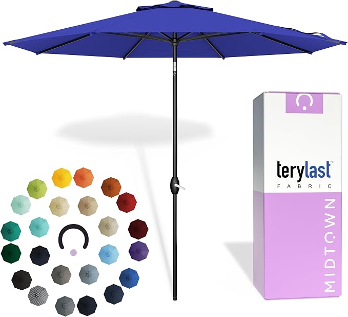 Midtown Umbrellas - 10-Year-No-Fade 8 Ft Patio Umbrella with Terylast Fabric, Auto-Tilt Aluminum Frame and 8 Reinforced Ribs for Deck, Pool, Garden & Beach - Royal Blue Canopy, Black Pole