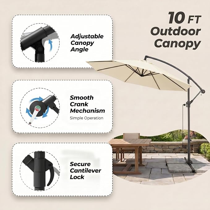 Greesum 10FT Cantilever Offset Patio Umbrella, Outdoor Umbrella for Yard, Market, Heavy-Duty Waterproof Pool Umbrella with 6 Sturdy Ribs, UV Protection for Beach, Deck, Garden, Backyard
