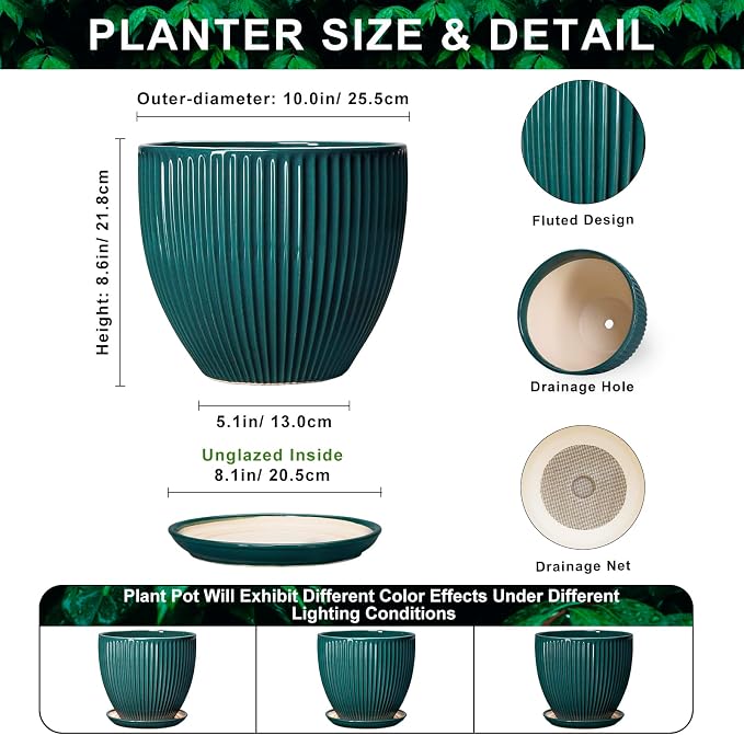 10 Inch Flower Pot, Round Ceramic Planters for Indoor Plants, Decorative Plant Pots with Drainage Hole and Saucer, Modern Large Planter, Office Decor, House Warming Gifts, Blackish Green