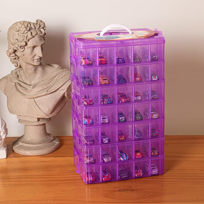 Sooyee 7 Layers Stackable Storage Container, 70 Adjustable Compartments Stackable Storage Container for Kids Toys, Art Crafts, Jewelry, Supplies, Mini Case & Letter Sticker Included,Clear,Purple