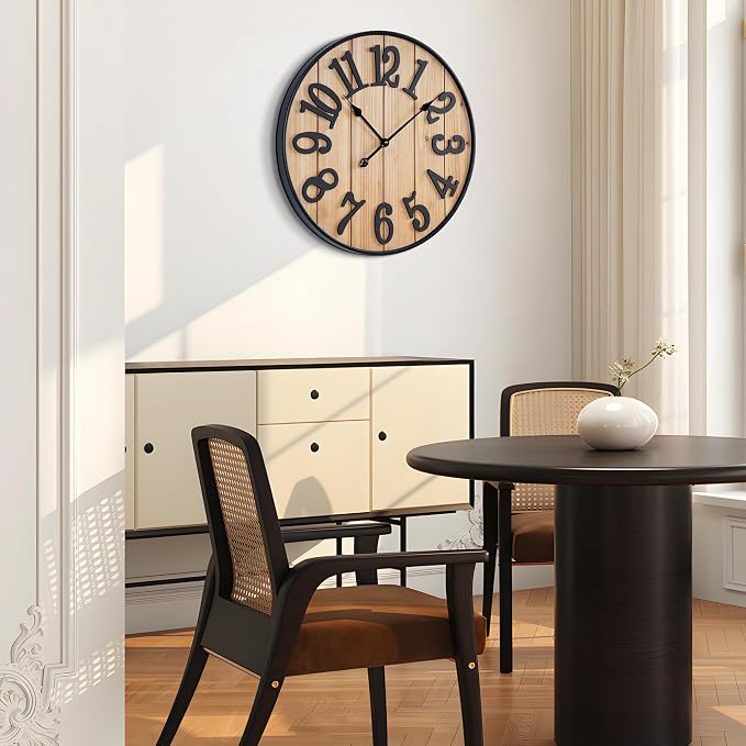 Large Wall Clock 20IN, Silent Metal Wood Style Wall Clocks Battery Operated for Living Room Decor, Farmhouse Big wall Clock, Outdoor