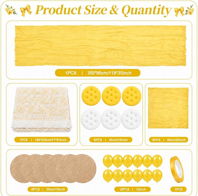Cinrobiye Boho Picnic Party Set for Outdoor, Aesthetic Picnic Setup with Large Picnic Blanket, Floor Cushions, Table Runner, Napkins, Balloons for Wedding, Bridal Shower, Birthday(Yellow)