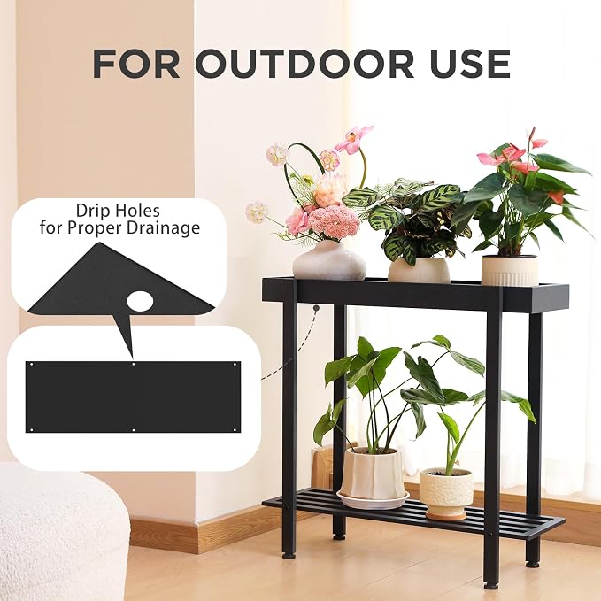 Honla Metal Plant Stand Indoor Outdoor,2 Tier Window Tall Plant Table Bench Shelf for Multiple Plants,26" L x 8.66" W x 24.40" H,Black
