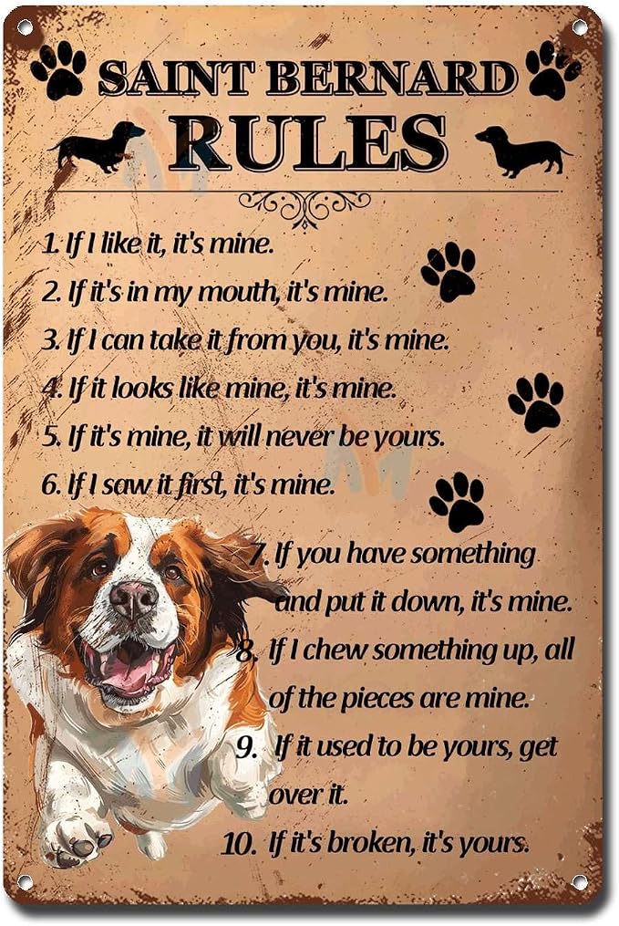 Metal Sign Tin Sign Vintage Wall Art Saint Bernard Rules Metal Garden Signs for Home Decor 12×16 Inches