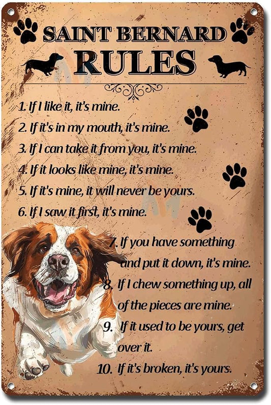 Metal Sign Tin Sign Vintage Wall Art Saint Bernard Rules Bar Signs for Home Decor for Pub 8×12 Inches