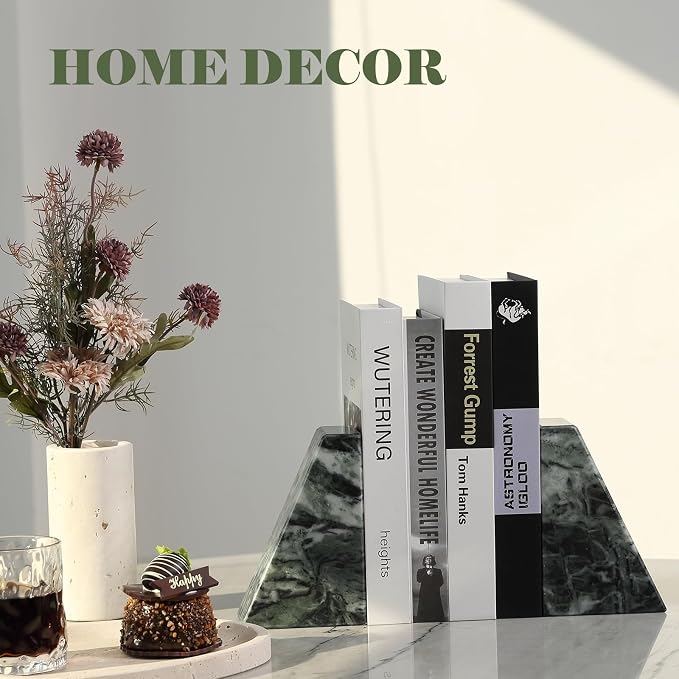 Karibiber Marble Bookends for Heavy Books, Decorative Bookends for Shelves, Green Stone Book Ends, Heavy-Duty Book Ends for Hardback Book & Cookbooks, Unique Book Stopper & Holder, Set of 2