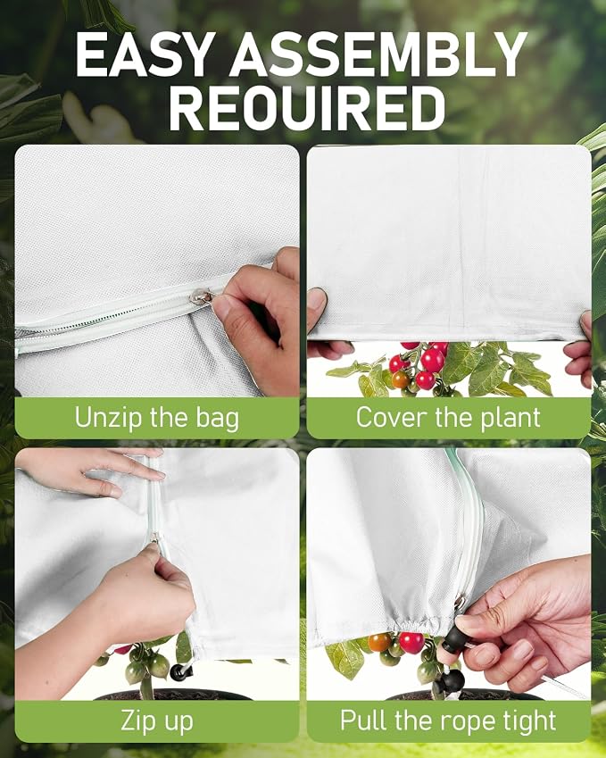 Winter Plant Covers Freeze Protection, 2 Pack Frost Covers (47.3" X 71"), with Zipper and Drawstring Reusable, 2.36 oz/yd² Frost Blankets for Outdoor Plants, for Potted Shrubs Fruit Trees