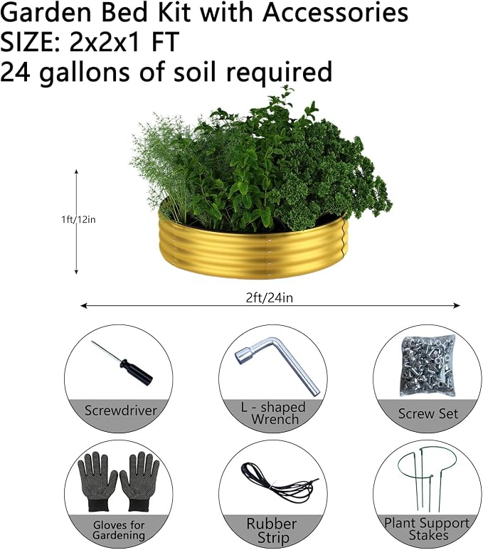 ZFHgarden Galvanized Metal Planter Round Raised Garden Bed Kit for Gardening Outdoor Galvanized Planter Outdoor 2PC Gold 2X2X1FT