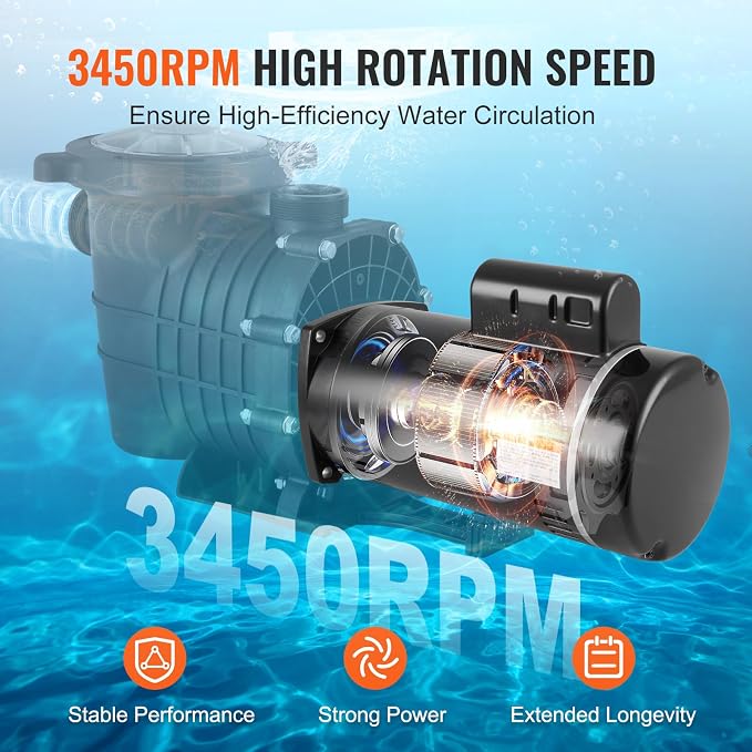 VEVOR 1.5 HP Pool Pump Motor, 56Y Frame, 115V((12.8 Amps))/230V(6.4 Amps) 3450 RPM, 60Hz, 1.1 Service Factor, 90μF/250V Capacitor, CCW Rotation Square Flange Replacement Motor