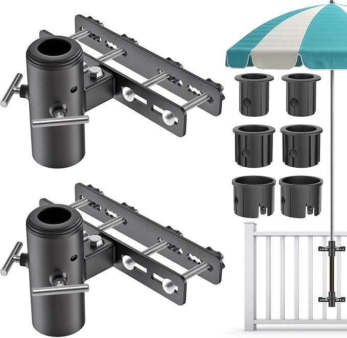 KingDolly Space-Saving Design Patio Umbrella Holder for Deck Railing, No Drill Adjustable Deck Umbrella Holder Fit for 1''-1.9'' Poles, Deck Umbrella Mount Bracket for Balcony Garden Poolside Railing