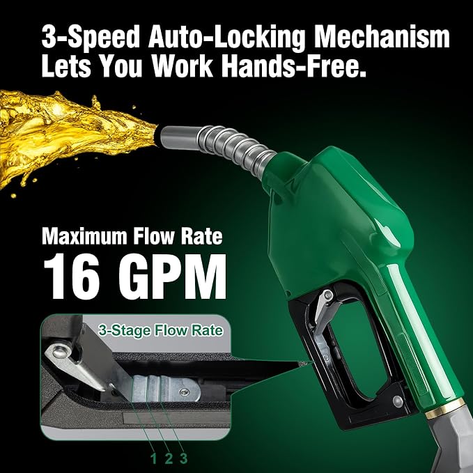 3/4" NPT Auto Shut-Off Fuel Nozzle, Gas Pump Nozzle with 3-Speed Padlock (9-16 GPM) - 360° Swivel Hose for Gasoline, Diesel, Biodiesel B20, E15 & Kerosene (GREEN)