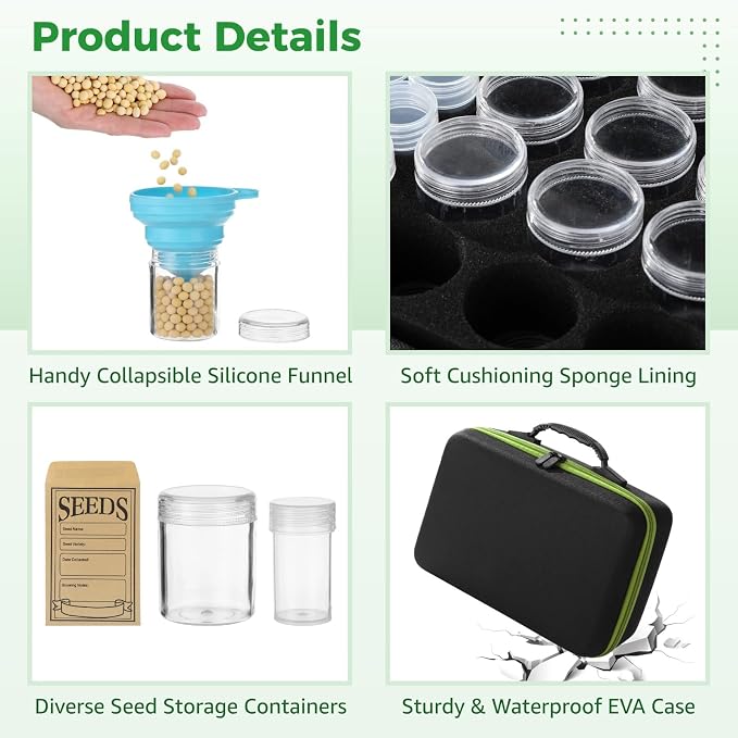 114 Slots Seed Storage Organizer Kit, Waterproof Portable Seed Box with Envelopes, Funnel, Shovels, Tweezers, Labels, Garden Saver Kit for Flower, Vegetable, Plant, Green