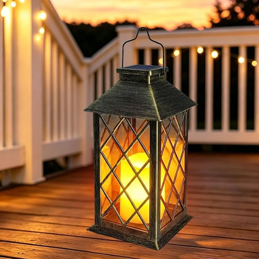 Solar Lanterns Outdoor Waterproof, 1 Pack 14'' Tempered Glass Outdoor Lanterns with Flameless Candles, Solar Hanging Lantern Decorative for Patio Porch Garden Table Deck Outside - Bronze