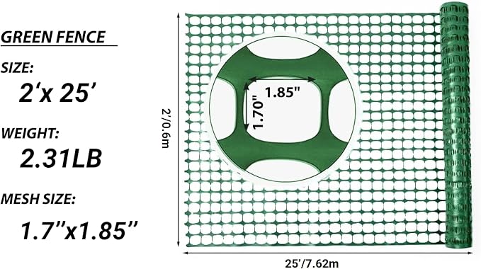 PotatoLife Plastic Mesh Fence Safety Fence, 2'x25' Roll with 50 Zip Ties, Resuable Temporary Netting for Garden Fencing, Construction, Snow Fencing, Animal Barrier, Poultry, Deer, Patio, Green