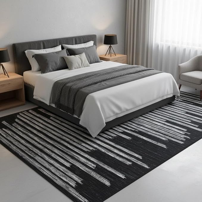 GarveeHome 10x13 Large Black Area Rug for Living Room Home Office Classroom | Modern Striped Non Slip Foldable Indoor Carpet Stain Resistant Low Pile Kitchen Rug, Black