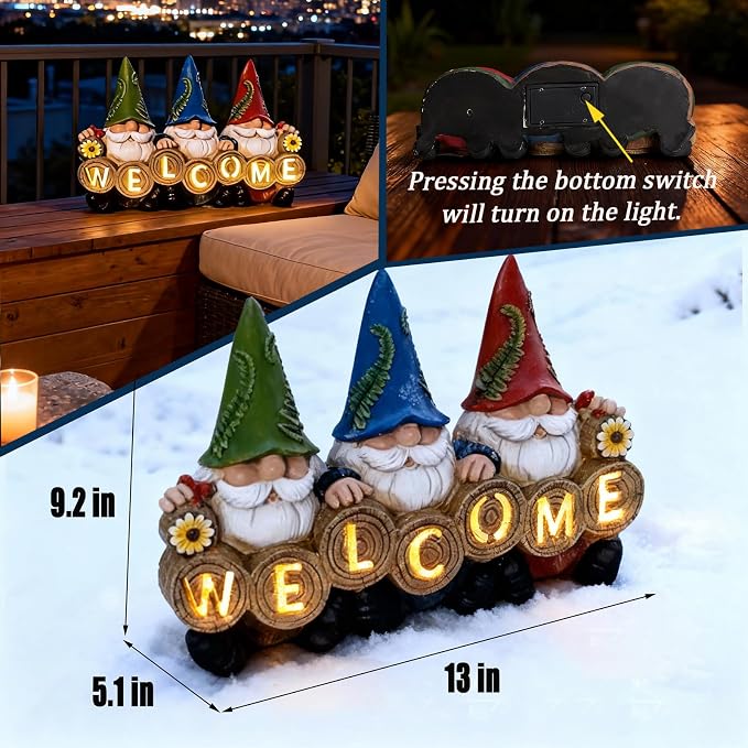 Garden Gnomes Solar Powered Welcome Statue, Outdoor Patio Yard Decor, Waterproof Resin Garden Figurines, Gift for Mother's Day for Mom Grandma, Spring Gardening Gift for Women Grandkids