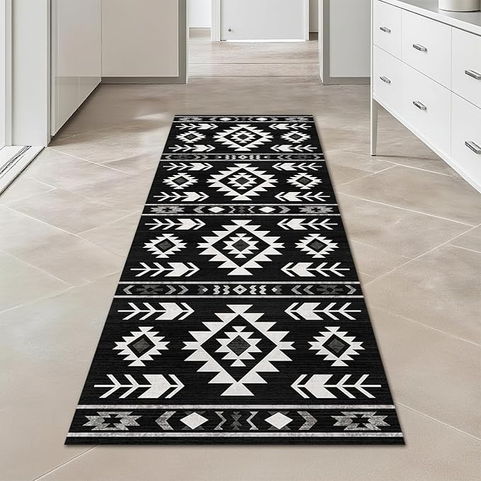 Western Runner Rug 2x6 for Hallway Kitchen Bedroom, Southwestern Aztec Tribal Runner Rugs Southwest Navajo Machine Washable Rug Non-Slip Printed Low-Pile Floor Carpet Mat for Living Room, Black