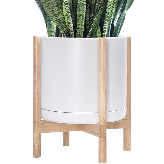 D'vine Dev Ceramic Planter with Natural Stand - 14 Inch Modern Round Flower Pot with Wood Planter Holder, White, 55-B-R-1
