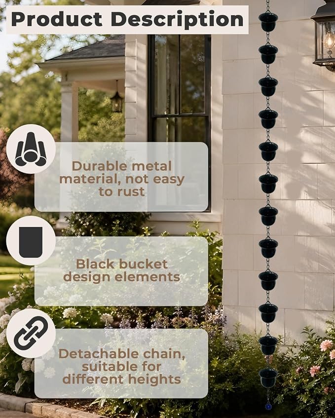 9.5FT Black Barrel-Shaped Rain Chain Durable Downspout Replacement | Rust-Resistant Metal Build, Bucket-Style Rain Water Catcher, Replaces Gutter Downspouts, Durable Outdoor Garden Yard Decor