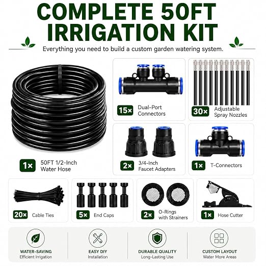50Ft 1/2" Tubing High-Flow Drip Irrigation System, 360° Adjustable Garden Watering System with 30 Nozzles, Dual-Side Watering Kit for Raised Beds, Greenhouses & Efficient Plant Irrigation