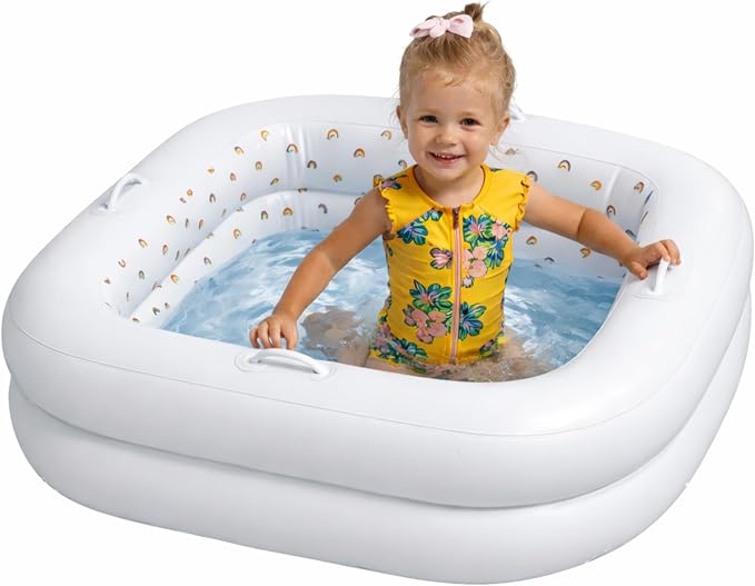 Inflatable Square Baby Pool, White, Portable Swimming Pool for Toddler Summer Must Have Kids Gift, Toddler Travel Essential, Water Toys