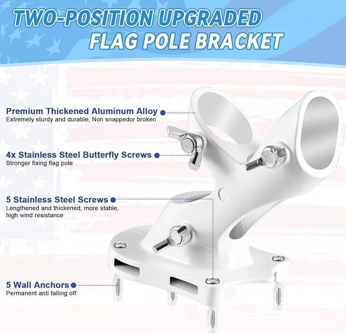 Flag Pole Bracket for House, REERON 2-Positions Metal 1" Flagpole Holder Mounts, Aluminium Rustproof Outside Flag Pole Wall Porch Mounting Brackets with 3 Fixed Holes & Steel Hardwares (White-1 Pack)