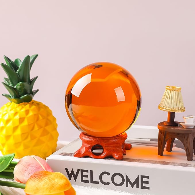 Amber Crystal Ball 80mm/3.1 inch with Rose Wooden Stand and Gift Box for lensball Photography,Fortune Teller,Feng Shui, Witchcraft Decor,Scrying,Magic,Quartz Crystal Orb Prop Decorative Glass Sphere