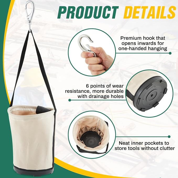 Heavy Duty Tool Canvas Bucket 12 x 12 x 9'' Tapered Wall Bucket Bag with 14 Inner Pockets, Thickened 14 Ounce Canvas, Plastic Bottom High Weight Load Capacity up to 100 Lbs(Unprinted)