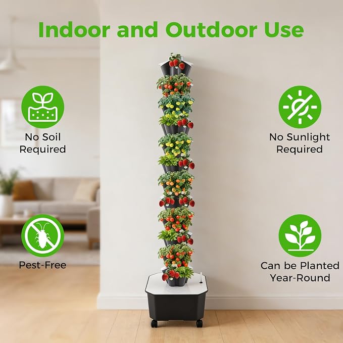 Hydroponic Grow Tower 12 Tiers 60 Holes, 6.6Gal Indoor Vertical Garden System with Water Pump, Automatic Water Circulation - Garden Hydroponic Growing Kit for Leafy Vegetables, Herbs, Strawberries