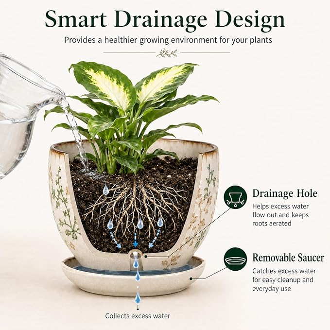 Ceramic Plant Pots, Nursery Pots with Drainage Hole, 3.5 Inch Succulent Pots for Plants, Small Indoor Flower Pots, Modern Decorative Planters for House Plants, Garden Planters, White Green
