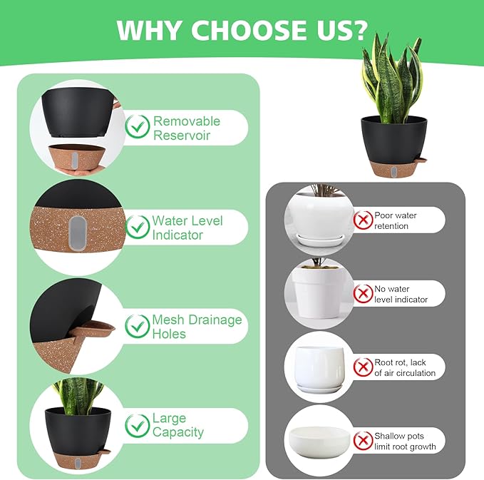 12" 10" 9" 8" Self Watering Pot for Indoor Plants, Large Plastic Planters Set with Water Level Indicator Deep Reservoir Tray, Bottom Watering Big Flower Pots with Mesh Drainage Hole - Black