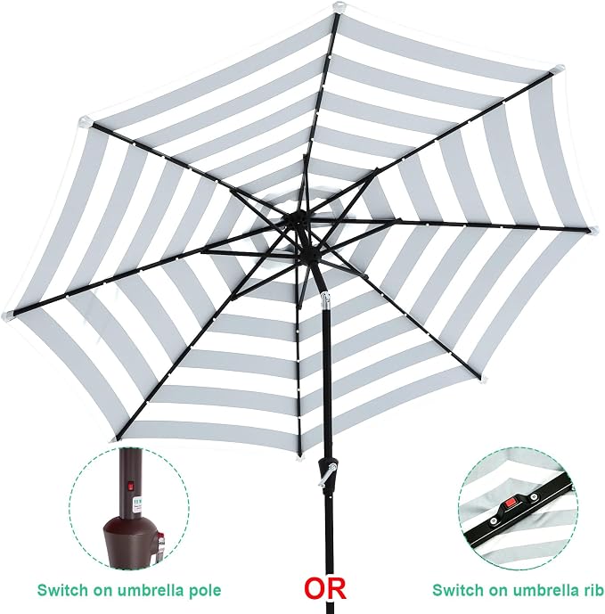 JEAREY 9FT Outdoor Patio Umbrella with Solar Lights, LED Lighted Pool Umbrella with Tilt and Crank, Outdoor Table Umbrellas for Deck, Yard & Market (Black & White Stripe)