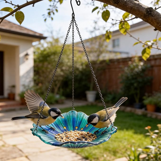 HONGLAND Bird Baths for Outdoors, Glass Birdbaths Outdoor Birdfeeder with Metal Stake (Light Blue with Hanging)