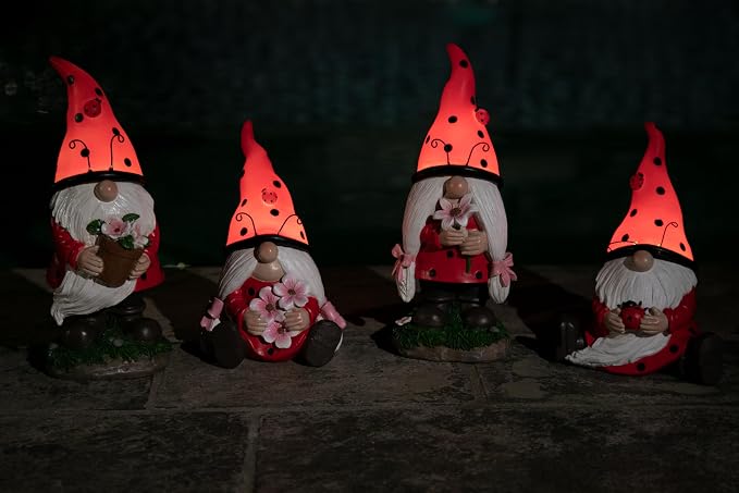 Exhart Garden Gnome, Ladybug Red Hat Solar Garden Statue Sculpture with Lady Bug, 4 LED Lights, Outdoor Lawn and Yard Decoration, 5.5 x 7 x 9.5 Inch
