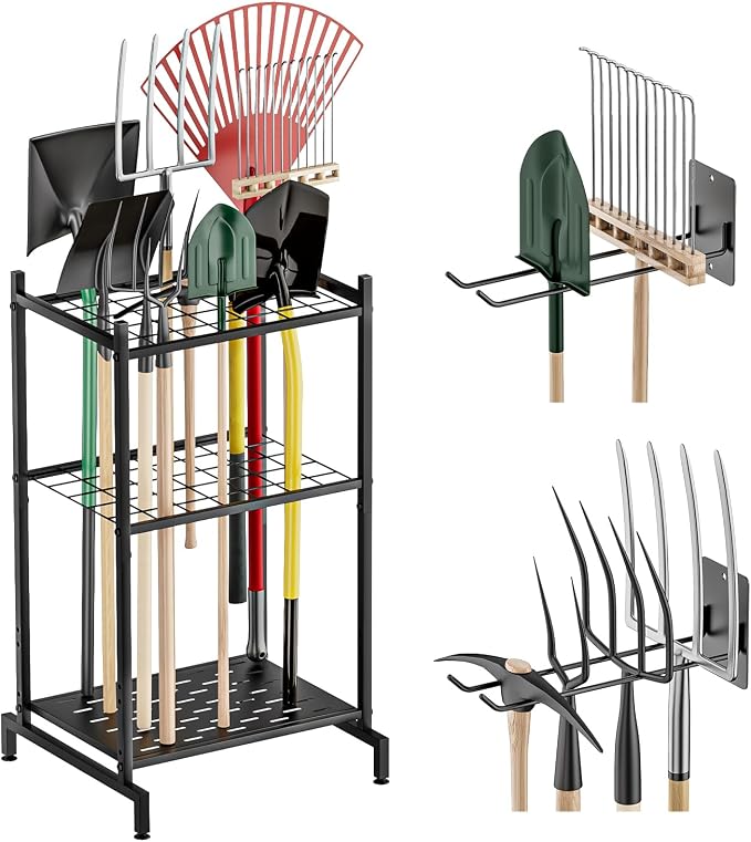 Garden Tool Organizer with 2 Pack Wall Mounted Racks, Holds 35+ Long-Handled Tools, Heavy Duty Metal Yard Tool Storage Stand for Garage, Shed & Outdoor Organization, Black