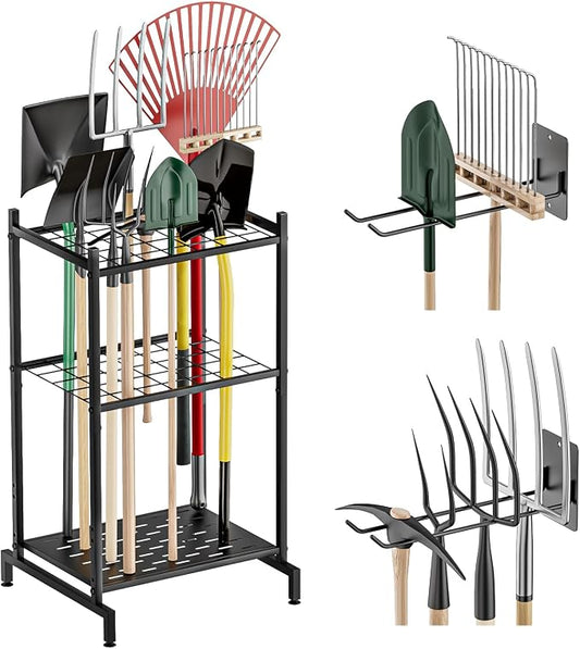 Garden Tool Organizer with 2 Pack Wall Mounted Racks, Holds 35+ Long-Handled Tools, Heavy Duty Metal Yard Tool Storage Stand for Garage, Shed & Outdoor Organization, Black
