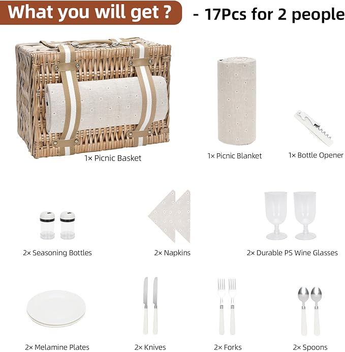 G GOOD GAIN Picnic Basket for 2 - Wicker Picnic Set with Waterproof Blanket| Large Picnic Hamper with Insulated Cooler & Cutlery Kit for Couples Camping,White Flower,15x11x7.5inch