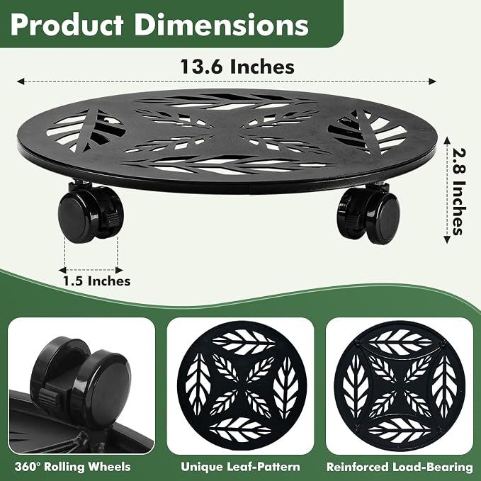Planterhoma 4 Packs 14 Inch Rolling Plant Stand with Wheels Metal Plant Caddy with Wheels Heavy Duty Plant Rollers with Wheels Round Wrought Iron Plant Stand with Clear Saucers, Matte Black