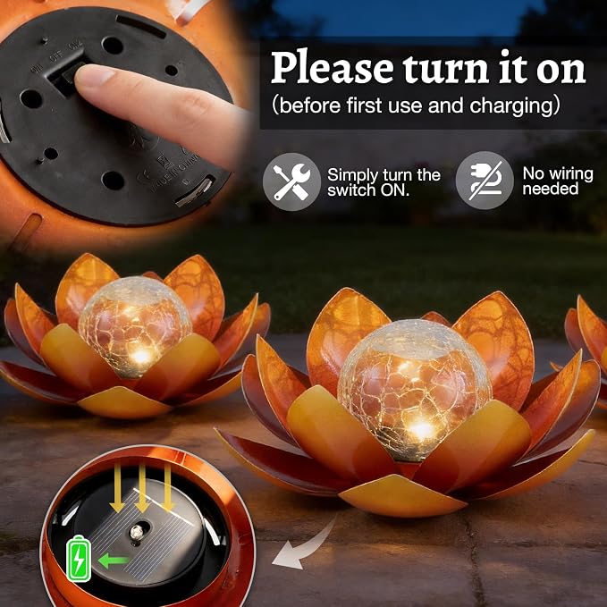 Huaxu Solar Lights Outdoor Garden Decoration Crackle Globe Glass Waterproof LED Metal Orange Lotus Flowers Gift for Mom,Women,Patio,Lawn,Walkway,Tabletop,Ground
