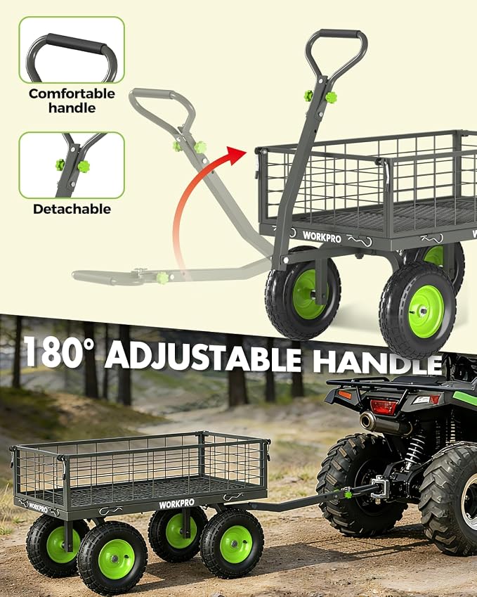 WORKPRO Large Heavy Duty Garden Cart 770 lb, 2-in-1 Convertible Utility Wagon with Removable Sides, 180° Tow Handle for ATV or Lawn Tractor, 270° Steering, Extra Large Yard Cart with All Terrain Tires