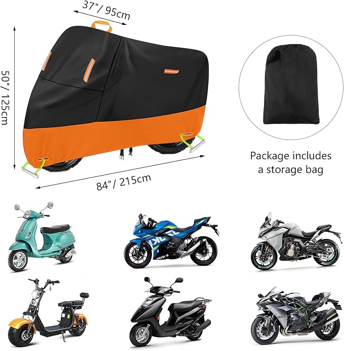 Powersports Vehicle Covers Black & Orange Waterproof Motorcycle Cover with Lock Holes 300D Oxford Heavy Duty Impermeable para Moto Scooter Cover 150cc Waterproof (XL: 82" x 37" x 50")
