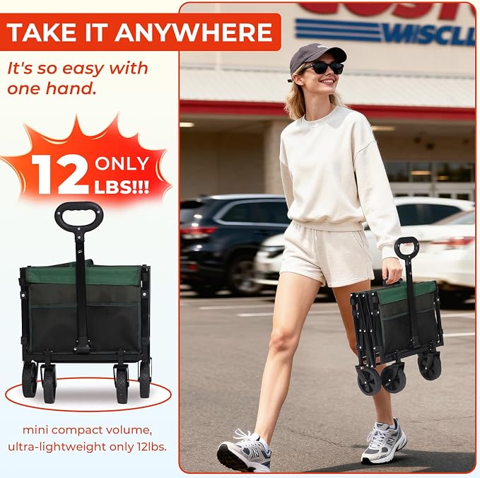 Foldable Wagon with Tailgate,12 lb Lightweight Small Utility Cart | Garden, Grocery, Beach, Camping, Portable Use, Green