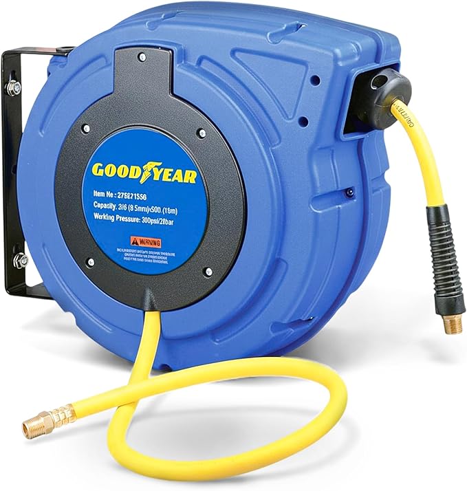 Goodyear Air Hose Reel Retractable 3/8" Inch x 50' Foot Hybrid Polymer Hose Max 300PSI Commerical Polypropylene Construction