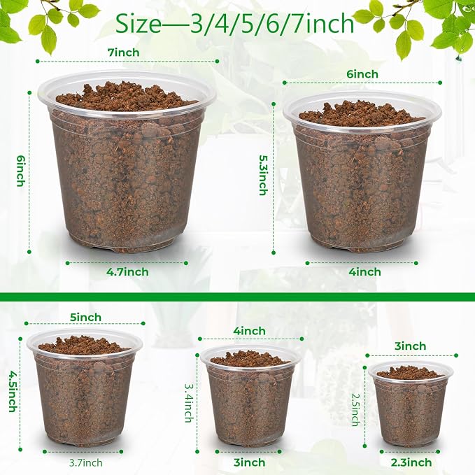 FUIJOL 50 Pack 3/4/5/6/7 Inch Clear Nursery Pots with Drainage Holes, Durable Plastic Nursery Pots for Plants, Succulents, Herbs, Flowers, and Vegetable Seedlings (3+4+5+6+7 inch, 50 Pack)